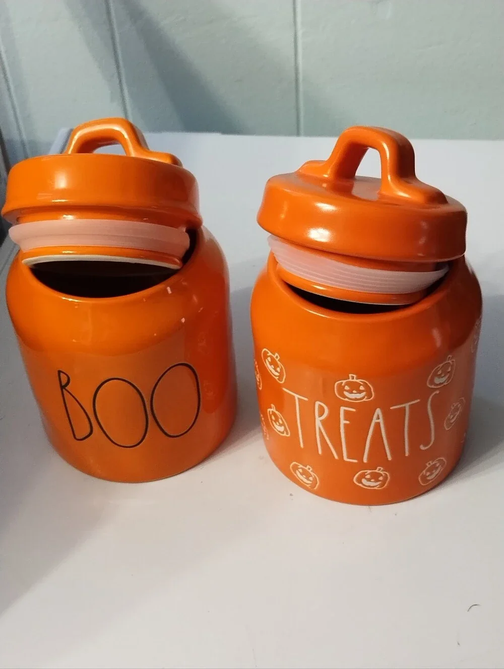 New Rae Dunn Orange 'BOO' & 'TREATS' Ceramic Halloween Canister Set